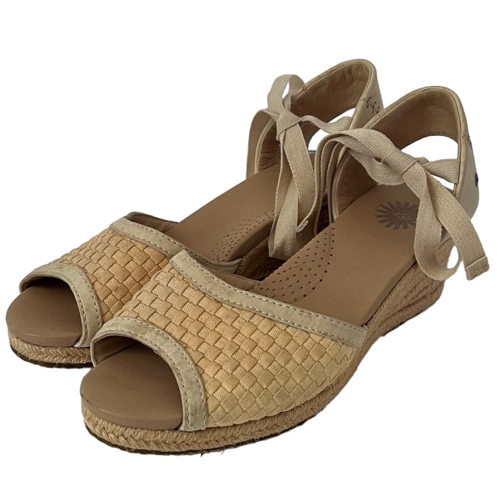 UGG Women's Delmar Beige Ankle Strap Wrap Espadrille Wedge Sandals Size 8